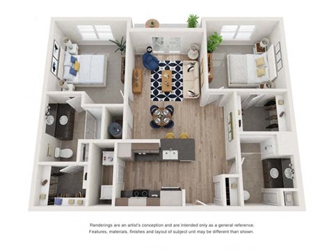 B2A_2b2b_1020sqft_3D Floor Plan at Hudson at Renaissance Apartments, Wilmington 28405